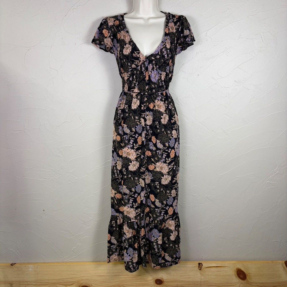 Maurices Floral Maxi Dress Babydoll Small Smocked V-Neck Ruffle Hem Black Multi